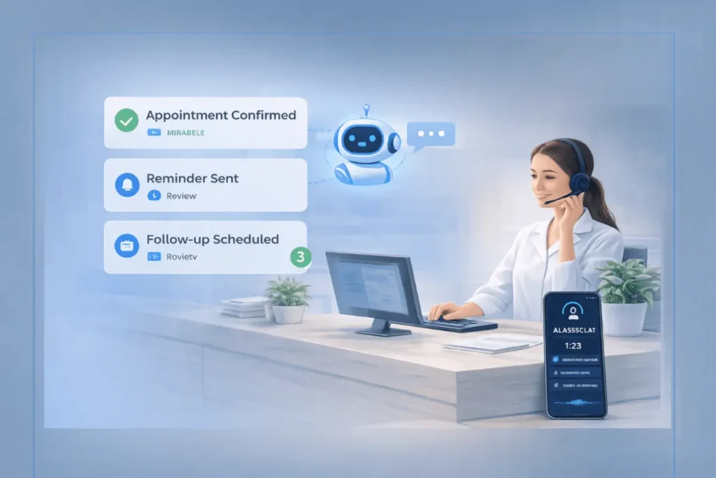 Mursario is a medical clinic virtual assistant who helps with calls and scheduling - illustration of front desk AI answering calls and scheduling